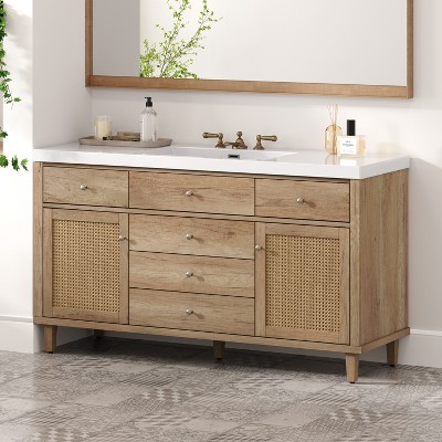 KWPZQEB 60" Bathroom Vanity with SMC Sink, Freestanding Vanity Cabinet with 2 Rattan Doors, 3 Hole Sink & 5 Drawers, Large Bath Vanity Sink Combo