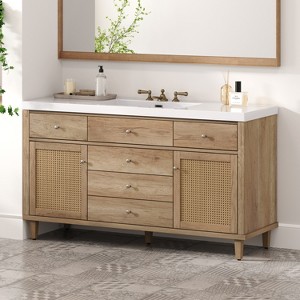 KWPZQEB 60" Bathroom Vanity with SMC Sink, Freestanding Vanity Cabinet with 2 Rattan Doors, 3 Hole Sink & 5 Drawers, Large Bath Vanity Sink Combo - 1 of 4