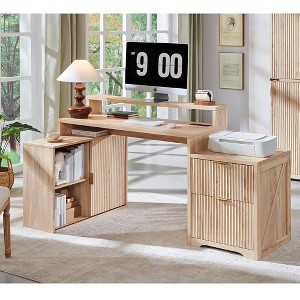 TAJSOON 67" Modern L Shaped Desk with Storage Cabinet & Drawers,  Natural Oak - 1 of 1