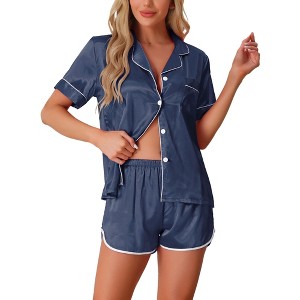 cheibear Women's Satin Silky Short Sleeve Button Down Loungewear Shorts Pajamas Set 2 Pcs - 1 of 4