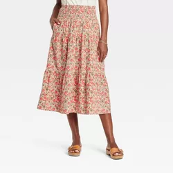 Women's High-Rise Tiered Midi A-Line Skirt - Universal Thread™ Coral Pink Floral