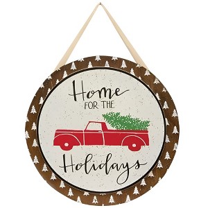 Slickblue Christmas Red Truck Wall Decor – "Home for the Holidays" Round Wooden Sign with Fabric Hanger - 1 of 3