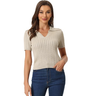 Allegra K Women's V-Neck Short Sleeve Cable Knit Crop Top Pullover Sweater Top