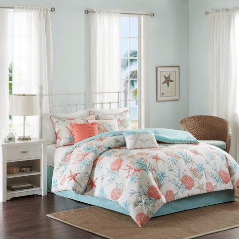 GDFStudio Guy 7 Piece Cotton Sateen Comforter Bedding Sets, Coral, Queen
