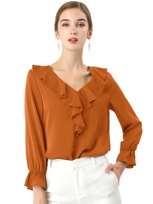 INSPIRE CHIC Women's Office Work Ruffle V Neck Long Sleeve Chiffon Peasant Blouse