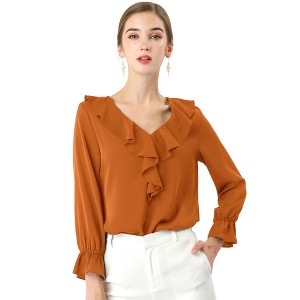 INSPIRE CHIC Women's Office Work Ruffle V Neck Long Sleeve Chiffon Peasant Blouse - 1 of 4