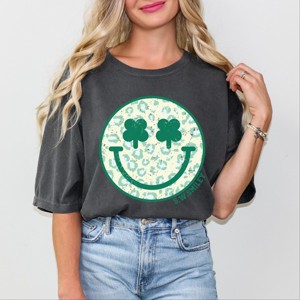 S.W.Smiley Clover Leopard Smiley Face - Women's Garment Dyed Graphic T-Shirt - 1 of 4