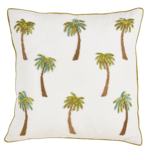 18"x18" Poly Filled Beaded Palm Tree Square Throw Pillow White - Saro Lifestyle