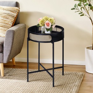 FURNIinspire End Tables Rattan Side Table Living Room Round Accent Sofa Table with Tray Top for Balcony Home Office, Black, 22.5"*22.5"*24.5" - 1 of 3
