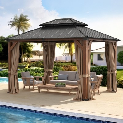 Arceso Hardtop Gazebos, Aluminum Frame Permanent Pavilion with Curtains and Netting, Double Galvanized Steel Roof Gazebo Outdoor, Metal Gazebo Canopy