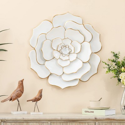 24-Inch White and Gold Iron Flower Wall Sculpture