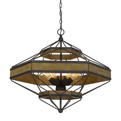 (26" x 30") 6 Light Pine Wood Alicante Chandelier with Black Metal - Cal Lighting