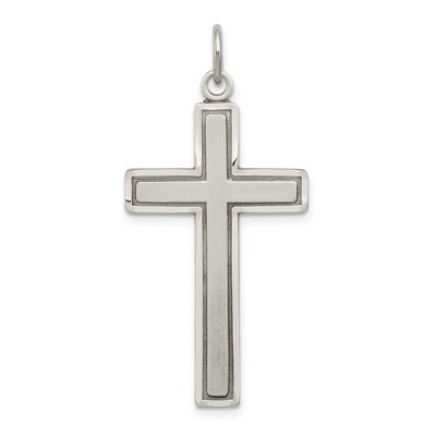 Black Bow Jewelry Sterling Silver Antiqued & Satin Solid Bordered Cross Pendant, 19x42mm