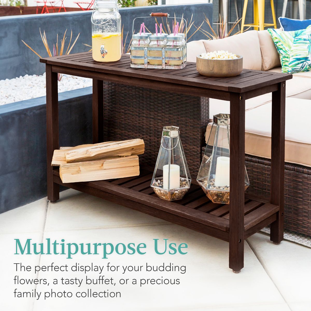 Best Choice Products 48in 2-Shelf Indoor Outdoor Wooden Console Table Multifunctional Buffet Bar Storage - Natural - thumbnail 9