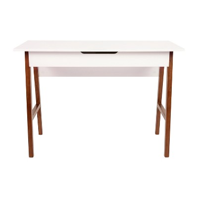 White Laminate Top Writing Desk with Walnut Frame and Drawer