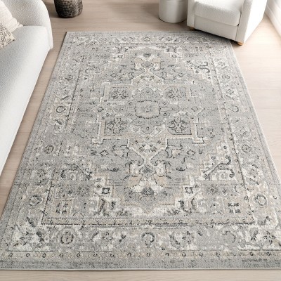 Light Gray Synthetic Medallion Square Area Rug