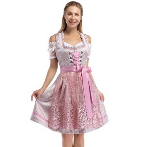 Women's Vintage 3-Piece Dress Costume Pink Floral Print Dress White Off Shoulder Crop Top Pink Embroidered Apron - 1 of 4