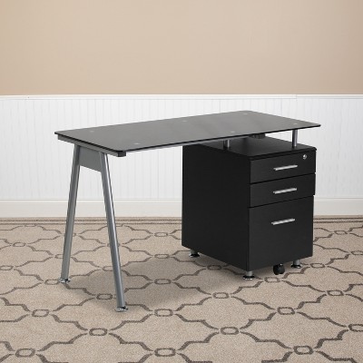 Sleek Black Tempered Glass 50.5'' Computer Desk with Three-Drawer Pedestal