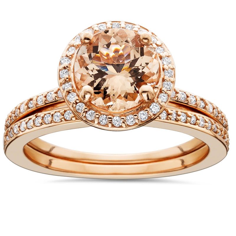 Pompeii3 1 3/4 Carat Morganite & Diamond Halo Engagement Wedding Ring Set 14K Rose Gold, 1 of 4