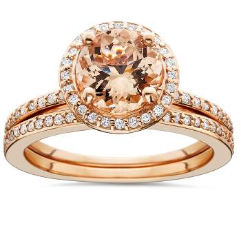 Pompeii3 1 3/4 Carat Morganite & Diamond Halo Engagement Wedding Ring Set 14K Rose Gold