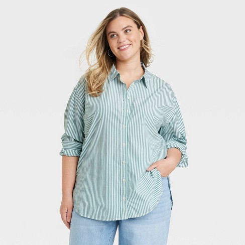 Women's Oversized Long Sleeve Collared Button-down Shirt - Universal  Thread™ Green Striped 4x : Target