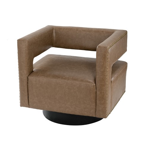 Francesca Comfy Swivel Barrel Chair for Bedroom with Nailhead Trim ARTFUL LIVING DESIGN TAUPE