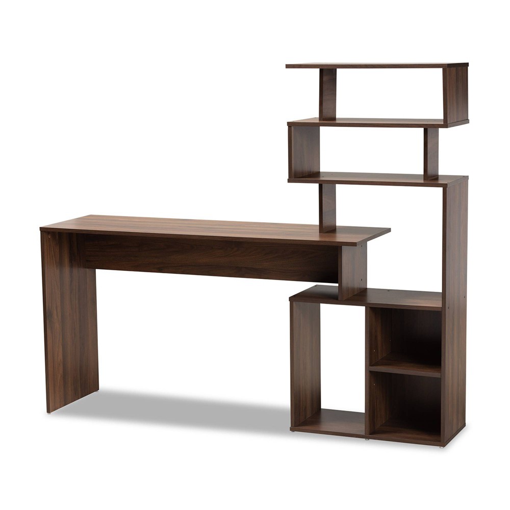 Photos - Office Desk Foster Wood Storage Desk with Shelves Walnut/Brown - Baxton Studio