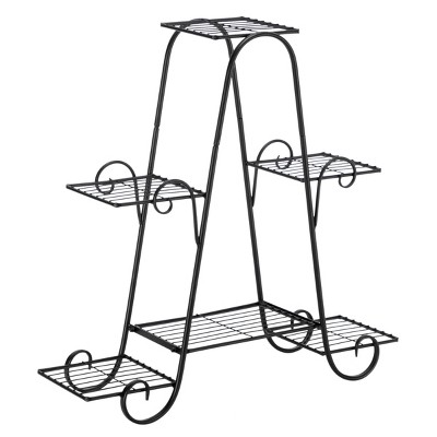 Slickblue Ornamental Metal Plant Rack, Heavy-Duty, Indoor Outdoor Shelf, Retro, Black, 30.3x27.5x8.46in