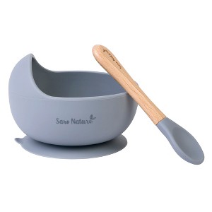 SARO "Nordic Wave" Silicone Baby Feeding Set: Suction Bowl & Wooden Spoon for Baby-Led Weaning & Self-Feeding - 1 of 4