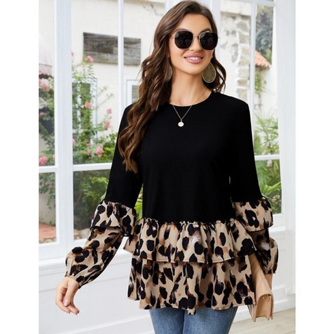 Whizmax Leopard Print Tops For Women Long Sleeve Ruffles Tunic Tops Leoaprd Babydoll Peplum Top Blouses Black Leopard Print 2xl Target