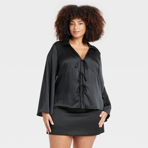 Women's Long Sleeve Satin Tie Blouse - A New Day™ - 1 of 3