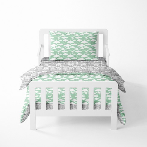 Bacati - Clouds in the City Mint/Gray 4 pc Toddler Bedding Set - image 1 of 4