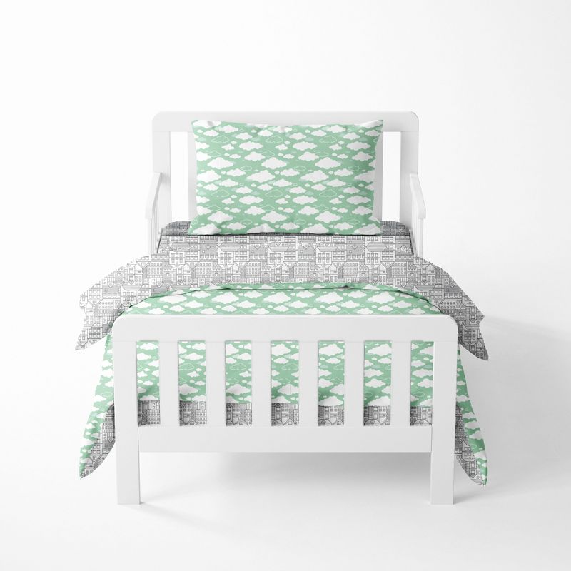 Bacati - Clouds in the City Mint/Gray 4 pc Toddler Bedding Set, 1 of 10