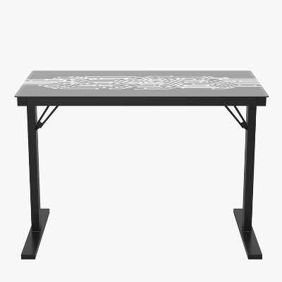 Sleek 46'' Black Tempered Glass Gaming Desk with LED Lights