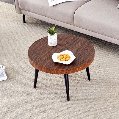 NicBex Modern Annular Texture Round Coffee Table with Black Sprayed Metal Legs,Natural Wood Side Table,Center Table for Living Room