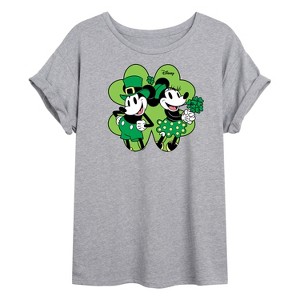 Women's - Disney - Mickey Minnie Shamrock Oversized Graphic T-Shirt - 1 of 4