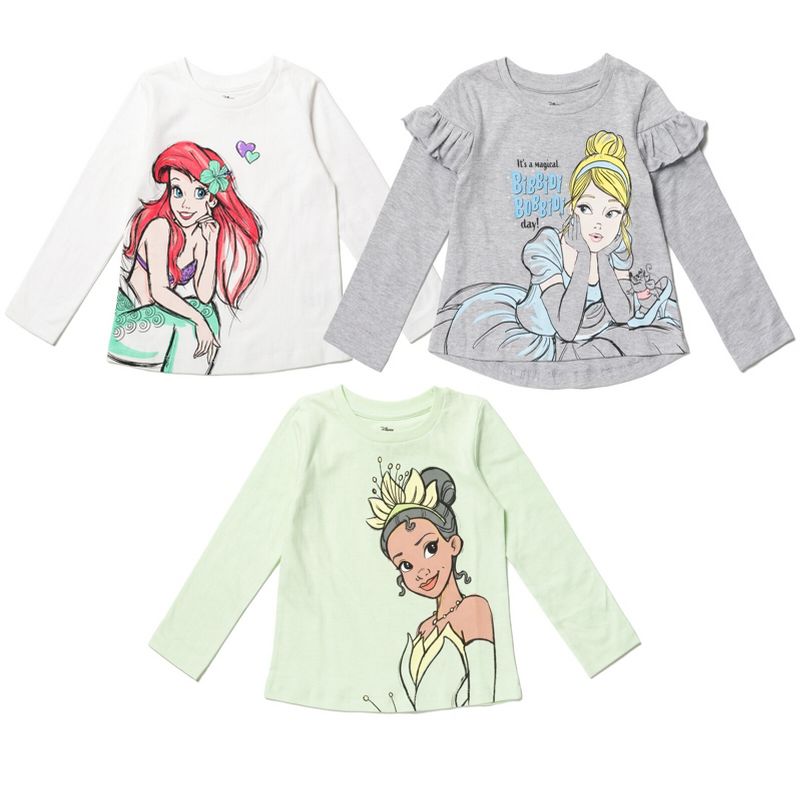 Disney Princess Ariel Cinderella Tiana Belle Jasmine Moana 3 Pack T-Shirts Toddler to Big Kid, 1 of 10