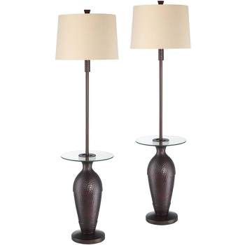 Regency Hill Fallon Rustic Industrial Floor Lamps with Tray Table 66" Tall Set of 2 Bronze Hammered USB and Outlet Oatmeal Shade for Living Room House