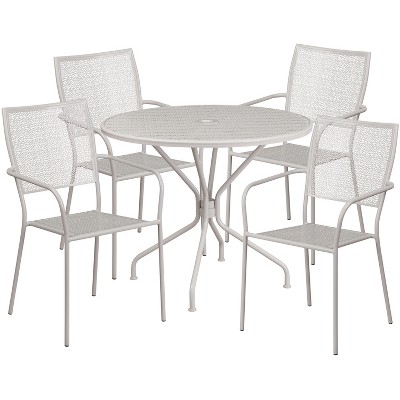 Emma and Oliver Commercial Grade 35.25" Round Metal Garden Patio Table Set, 4 Square Back Chairs