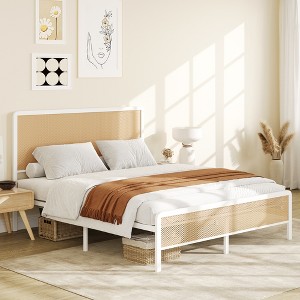 Rattan Platform Bed Frame with Led Light Headboard, Boho Bed Frames with Sturdy Steel Slat Support - 1 of 4