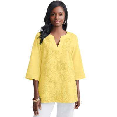 Jessica London Women's Plus Size Linen V-Neck Embroidered Tunic