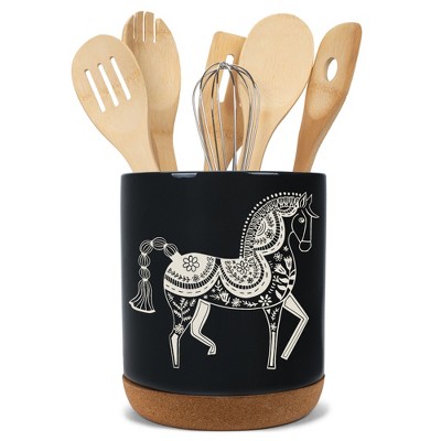 Elanze Designs Kitchen Utensil Holder With Non Slip Cork Base Large 8 Inch Ceramic Storage Crock Animal Countertop Organizer Floral Folk Horse Black