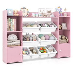 Tangkula 56" Large Toy Storage Organizer 4-Tier Kids Cubby Shelf with 8 Removable Bins and Bookshelf - 1 of 4