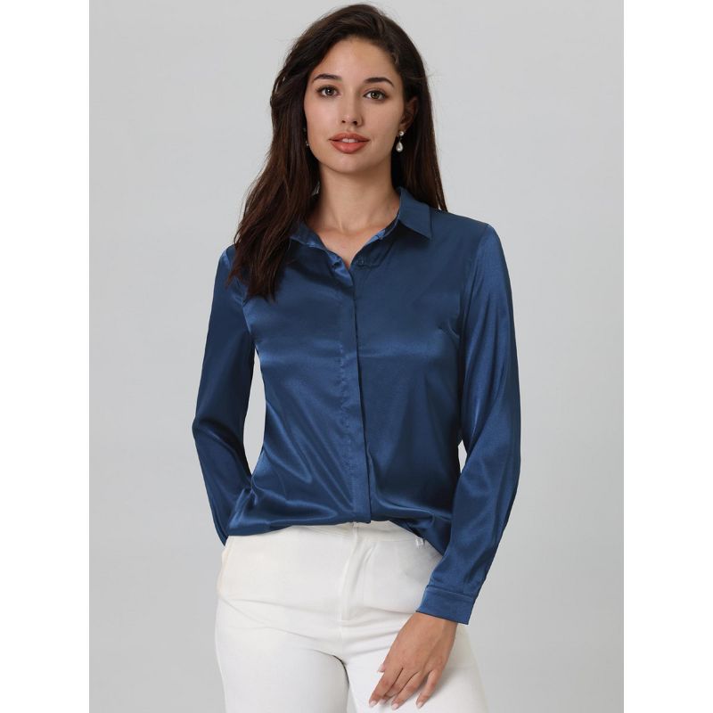 Hobemty Women's Elegant Satin Point Collar Long Sleeve Work Office Button Down Shirt, 3 of 6