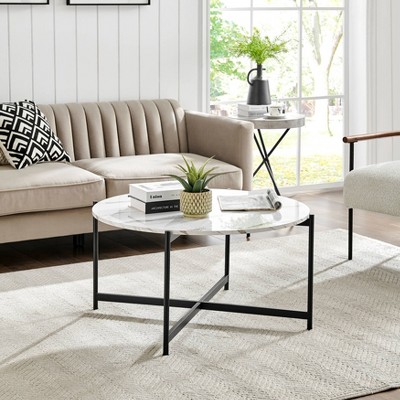 35" Round White Marble Finish Coffee Table with Black Metal Frame