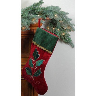 21" Red and Green Velvet Christmas Stocking with Holly Embroidery
