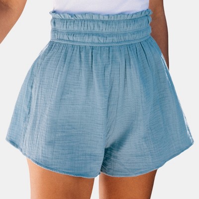 Women's Blue Smocked Waist Flared Leg Shorts - Cupshe