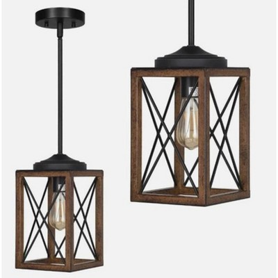 TOBILI 1-Light Distressed Black and Brushed Wood Lantern Geometric Chandelier