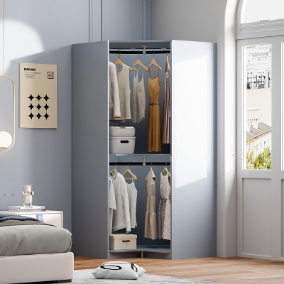 Polygonal Wooden Armoire Closet With Shelves And Hanging Area,Wood Armoires And Wardrobes,Armoire Wardrobe,Wardrobe Closet -Maison Boucle