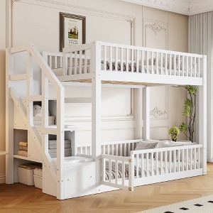 ModernLuxe Twin over Twin Floor Bunk Bed, Wooden Bed Frame with Storage Ladder - 1 of 4